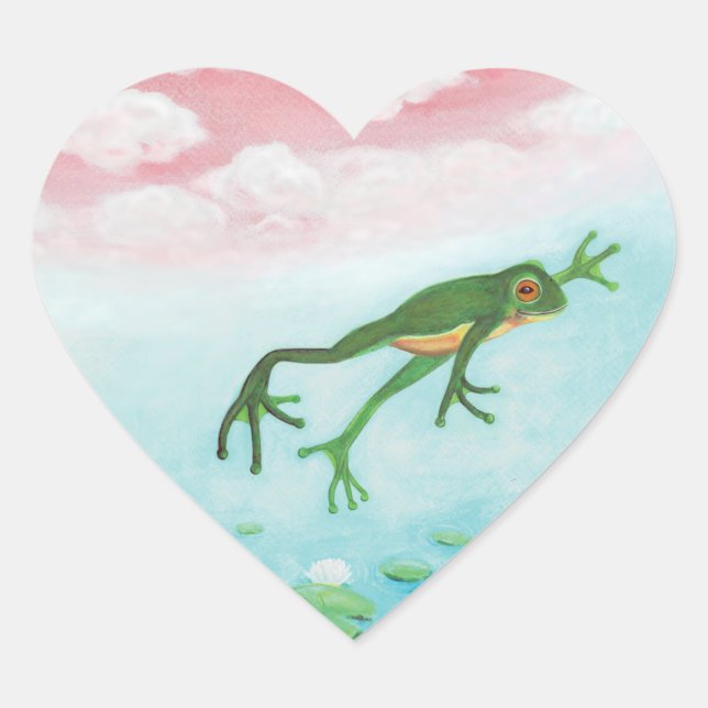Grüner Frosch springt in die Teichillustration Herz-Aufkleber (Vorderseite)