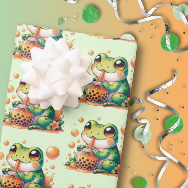 Grüner Frosch trinken Orange Boba Geschenkpapier Set (Von Creator hochgeladen)