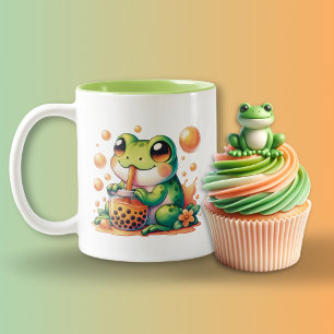 Grüner Frosch trinkt Orange Boba Bubble Tee Zweifarbige Tasse