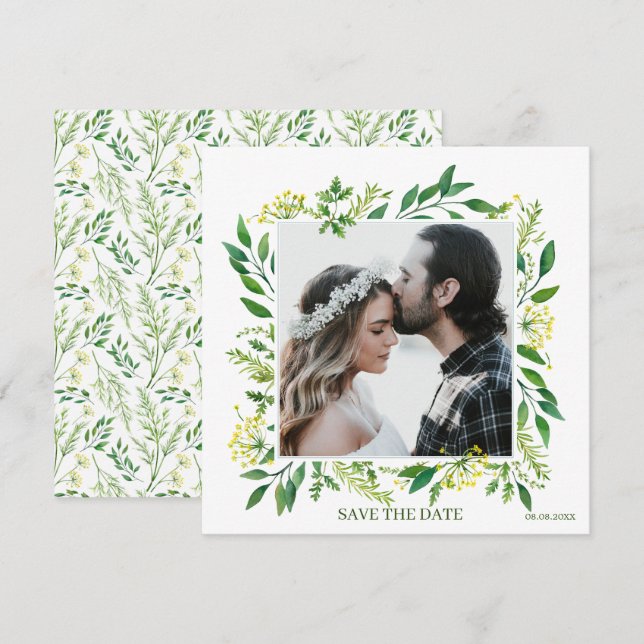 Grüner Frühling Botanische Kräuter Save the Date Einladung (Vorne/Hinten)