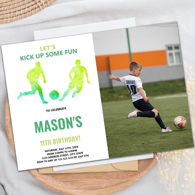 Grüner Fußball Einladung zum Foto (Green Soccer Birthday Invitations with photo)