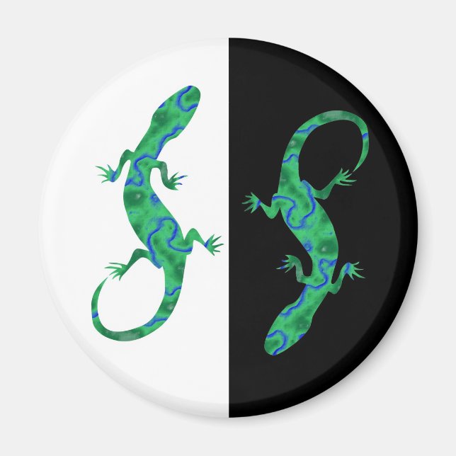 Grüner Gecko ArtDeco Schwarz-Weiß Magnet (Vorne)
