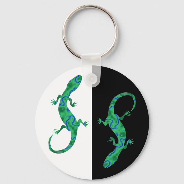 Grüner Gecko ArtDeco Schwarz-Weiß Schlüsselanhänger (Vorderseite)