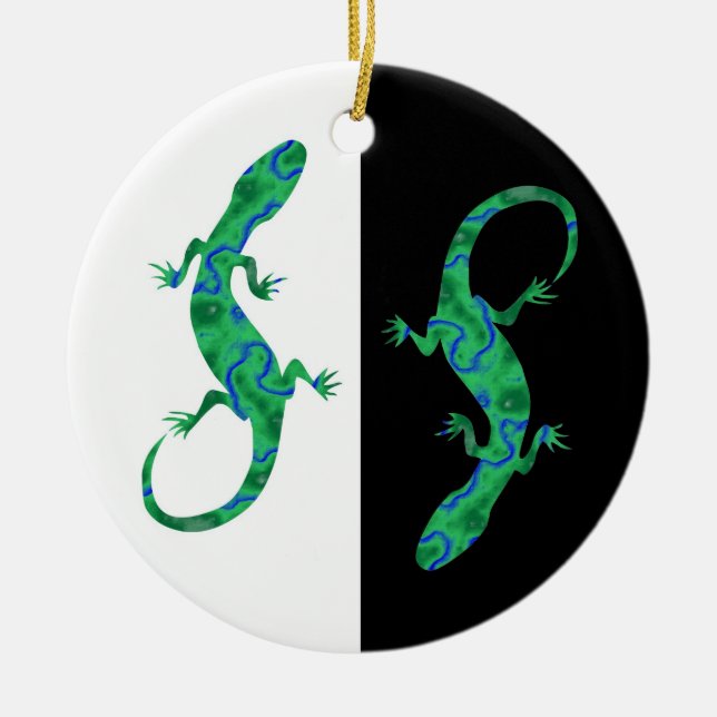 Grüner Gecko ArtDeco Schwarzweiß-Design Keramikornament (Vorne)