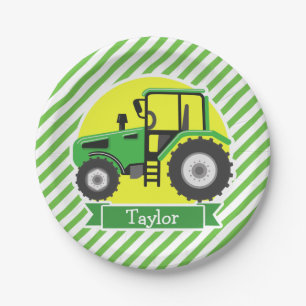 Grüner, gelber Bauerntraktor; grün und weiß Pappteller