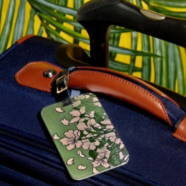 Grüner Gepäckanhänger Pink Blossom ( Luggage tag single-sided w Card Slot, weatherproof, leather strap included. 
)