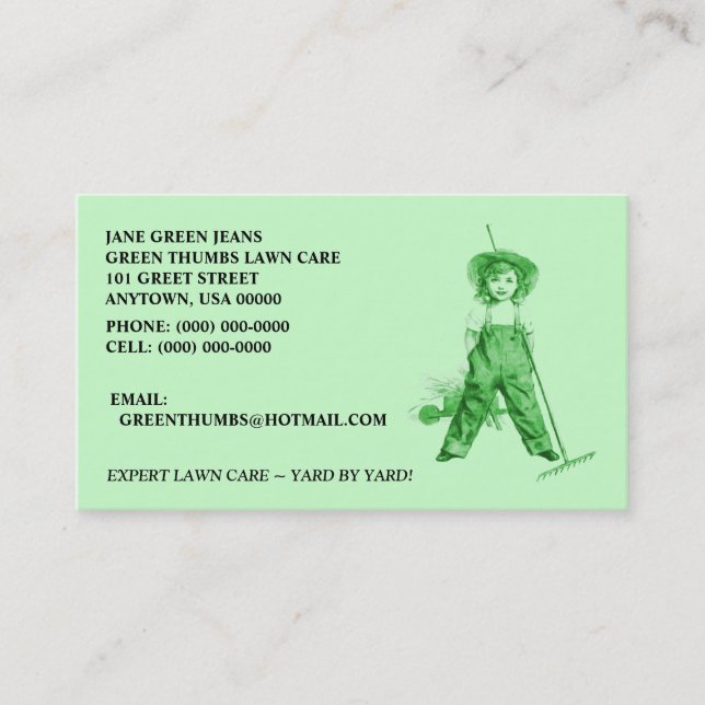 GRÜNER GESCHÄFTS-KARTEN ~ HEIRLOOM BIO LAWNCARE + VISITENKARTE (Vorderseite)