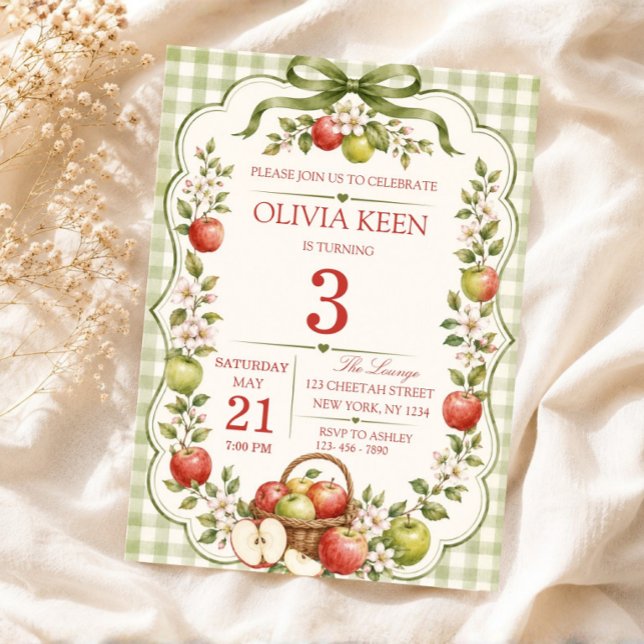 Grüner Gingham Apfelgarten Herbst Geburtstag Einladung (Apple Picking Party Invite, Apple Theme Birthday Invitation)