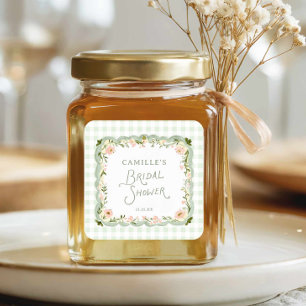 Grüner Gingham-Blumen-Hochzeitsdusche-Gunstbeweis- Quadratischer Aufkleber