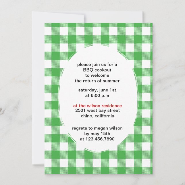 Grüner Gingham - Grillen-Party EinladungGEWOHNHEIT Einladung (Vorderseite)