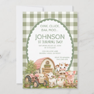 Grüner Gingham-Jungen-Stallparty-Tier Einladung
