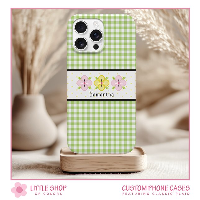 Grüner Gingham-Karo-Blumen-Monogramm Case-Mate iPhone Hülle (Von Creator hochgeladen)