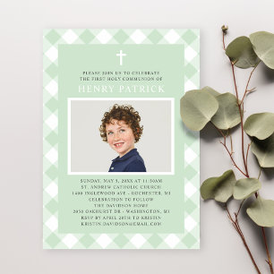 Grüner Gingham-Karo-Foto für Jungen zur Erstkommun Einladung