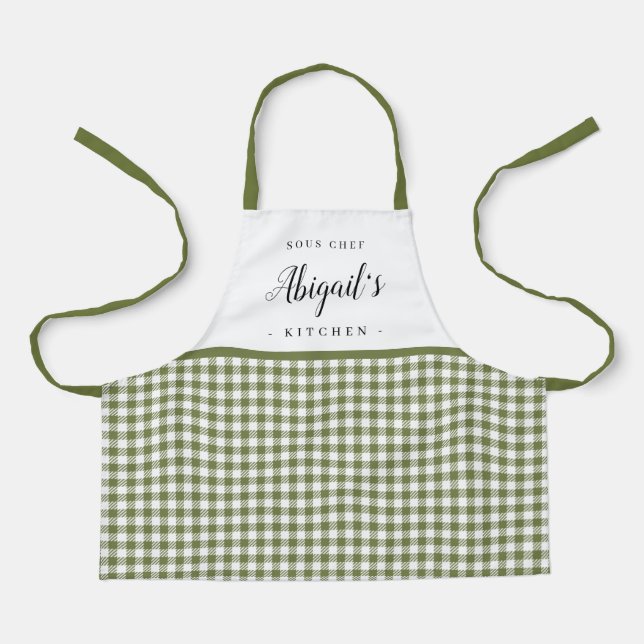 Grüner Gingham-Karo-Kind personalisiertes Kochen Schürze (Vorderseite)