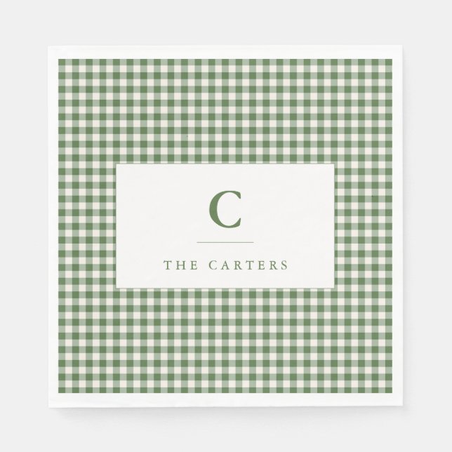 Grüner Gingham-Karofamilienname Monogramm Anfangsb Serviette (Vorderseite)