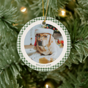 Grüner Gingham-Karree-Hund Foto Weihnachten Keramik Ornament