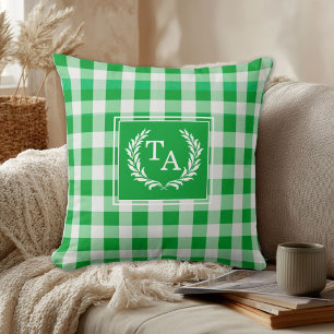 Grüner Gingham-Monogramm-Wappen Kissen