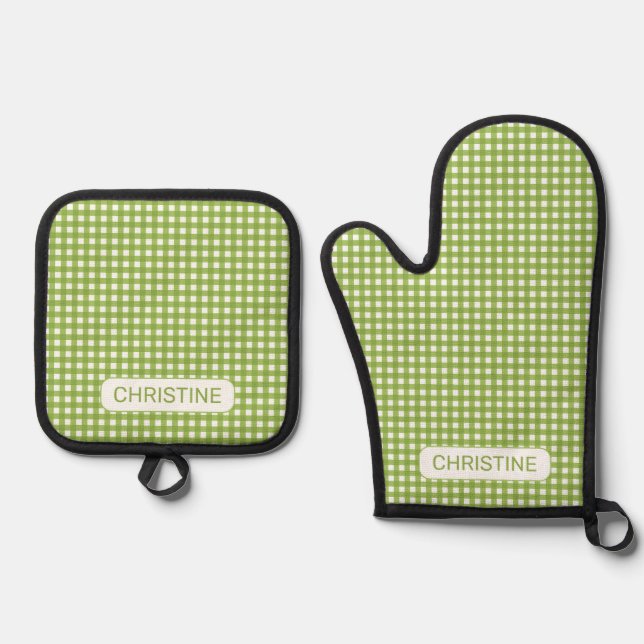 Grüner Gingham Ofenhandschuh & Topflappen-Set (Vorderseite)