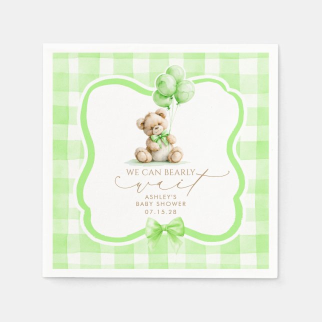 Grüner Gingham-Teddy-Bär-Baby-Party Serviette (Vorderseite)