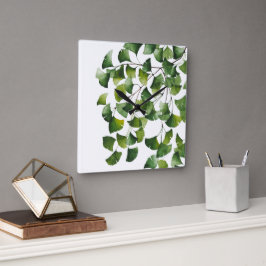 Grüner Ginkgo Biloba - Quadratische Wanduhr