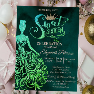 Grüner Glitter-Kleid, Diamanten Grüner Sweet 16 Einladung