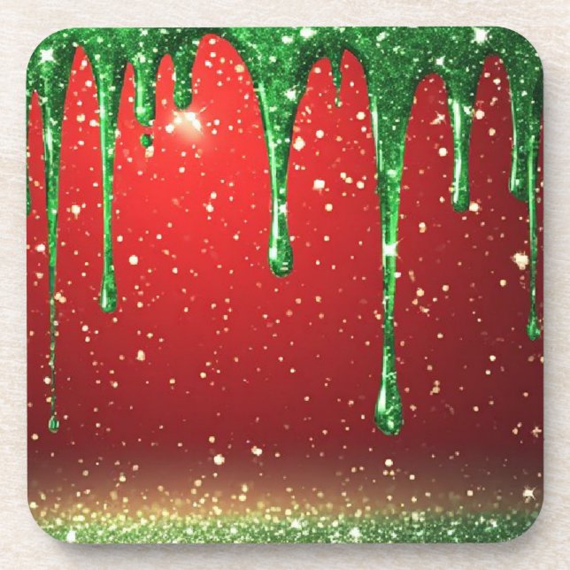Grüner Glitter-Tropfen über rotem Hintergrund Getränkeuntersetzer (Vorderseite)