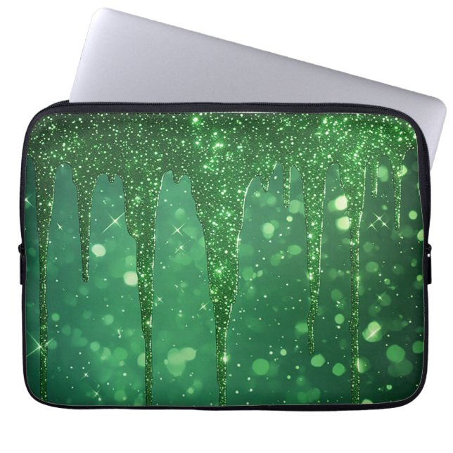 Grüner Glitter-Tropfenhintergrund mit funkelndem B Laptopschutzhülle (Vorderseite)