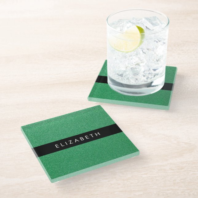 Grüner Glitzer, Hintergrund des Glitzer, Ihr Name Glasuntersetzer (Schrägansicht)