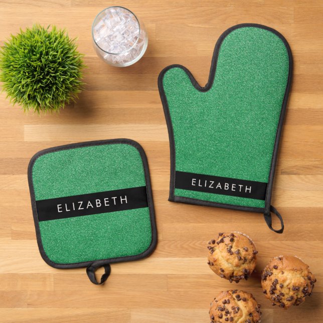 Grüner Glitzer, Hintergrund des Glitzer, Ihr Name Ofenhandschuh & Topflappen-Set (Oben Unten)