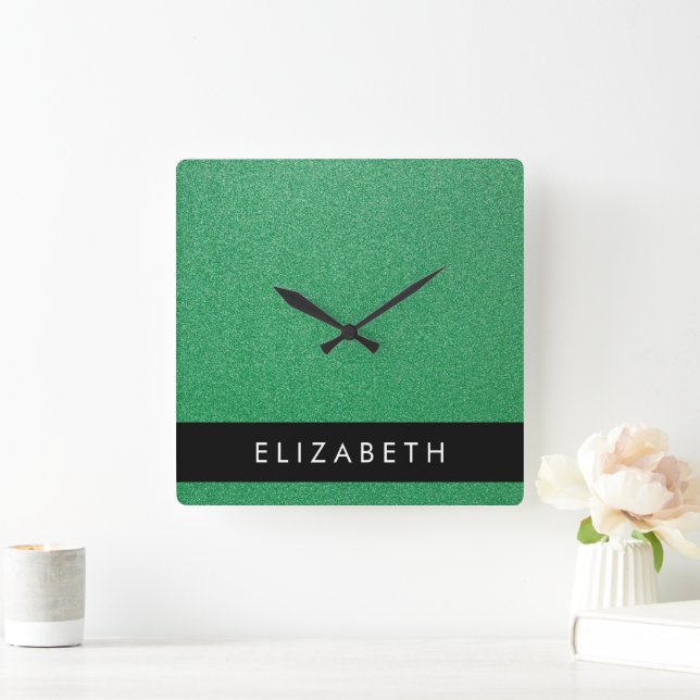 Grüner Glitzer, Hintergrund des Glitzer, Ihr Name Quadratische Wanduhr (Zuhause)