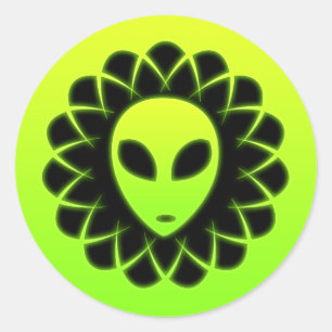 Grüner Glühen-Raum-alien-Kopf Runder Aufkleber