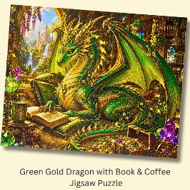 Grüner Goldener Drache mit Buch und Kaffee