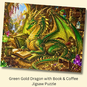 Grüner Goldener Drache mit Buch und Kaffee