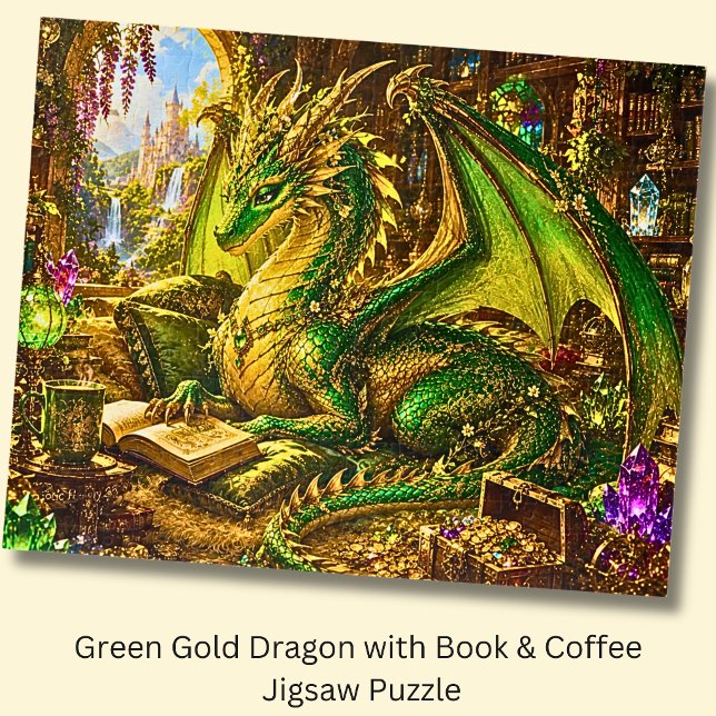 Grüner Goldener Drache mit Buch und Kaffee (Von Creator hochgeladen)