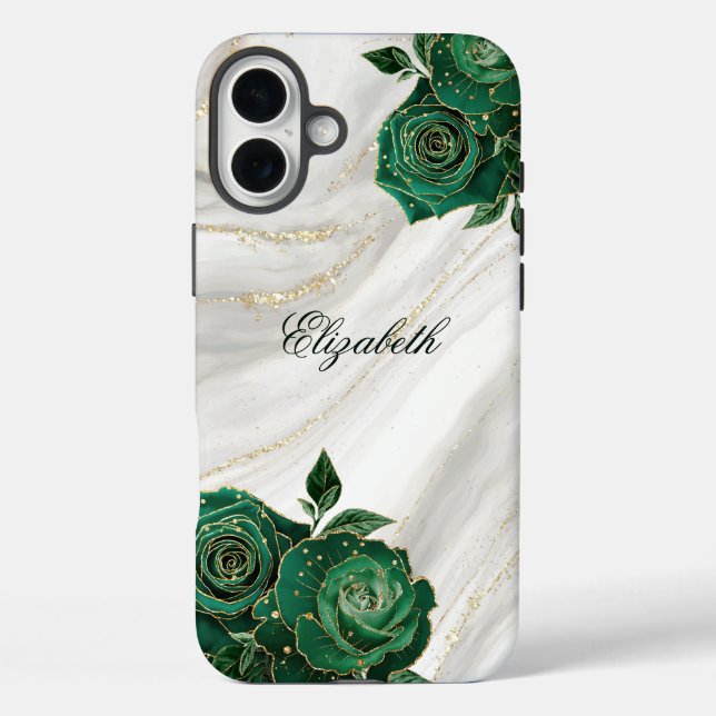 Grüner goldfarbener weißer Marmor iPhone 16 Plus Hülle (Rückseite)