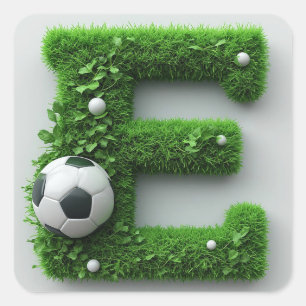 Grüner Gras-Buchstabe E-Topiarie mit Fußball Quadratischer Aufkleber