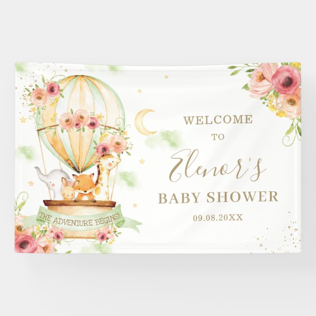 Grüner Heißluftballon Tierbabydusche Hintergrund Banner (Horizontal)