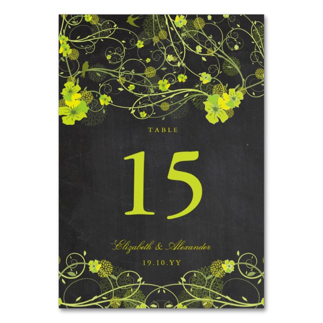 Grüner Hibiskus Swoosh bläserne Chalkboard Hochzei Tischnummer (Vorderseite)