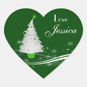 Grüner Hintergrund und weißer Weihnachtsbaum - Ges Herz-Aufkleber