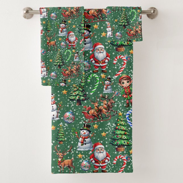 Grüner Hintergrund Weihnachtsdekorationsmuster Badhandtuch Set (Von Creator hochgeladen)