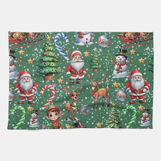 Grüner Hintergrund Weihnachtsdekoratives Muster Geschirrtuch (Horizontal)