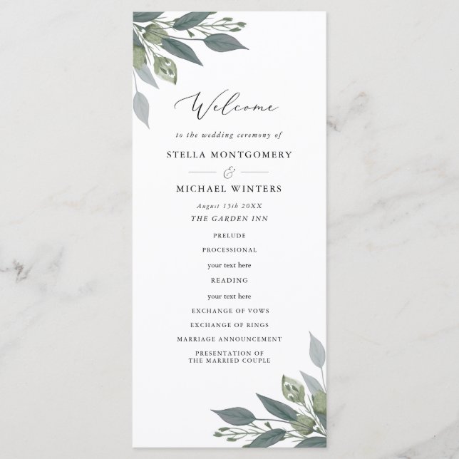 Grüner Hochzeitsprogramm für Bouquet Programm (Vorderseite)