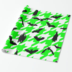 grüner Houndstooth-Halloween schwarze Fledermäuse Geschenkpapier