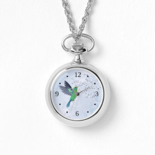 Grüner Hummingvogel mit Blauer Kirschblüte Armbanduhr