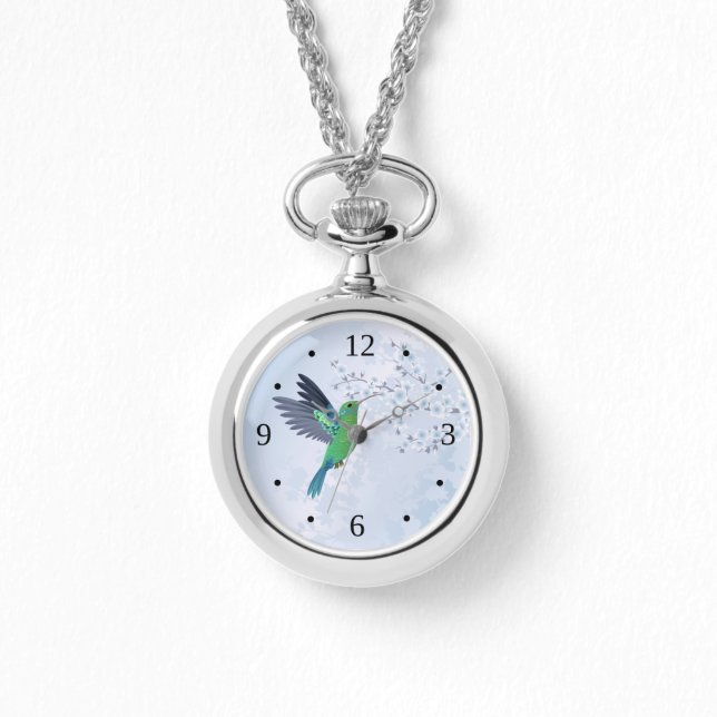 Grüner Hummingvogel mit Blauer Kirschblüte Armbanduhr (Vorderseite)