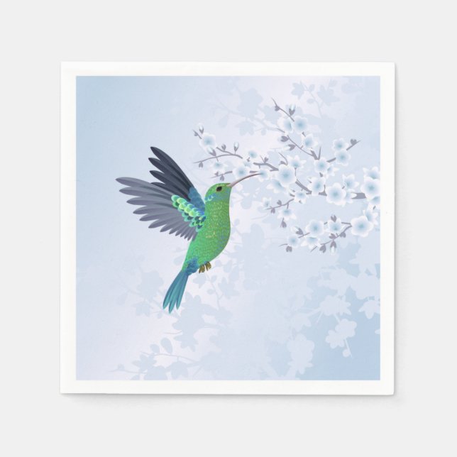 Grüner Hummingvogel mit Blauer Kirschblüte Serviette (Vorderseite)