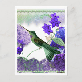 Grüner Hummingvogel mit Blume, Spitzen, Perlen Postkarte