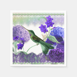 Grüner Hummingvogel mit Blume, Spitzen, Perlen Serviette
