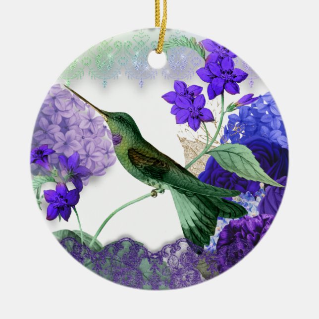 Grüner Hummingvogel, Stille Gebet, lila Blumen Keramik Ornament (Vorne)