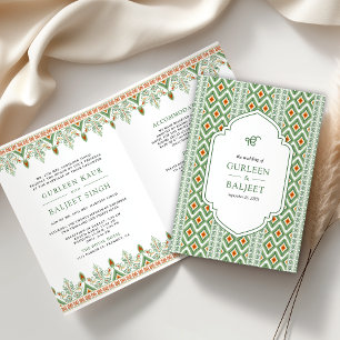 Grüner Ikat All in One Anand Karaj Sikh Hochzeit Einladung